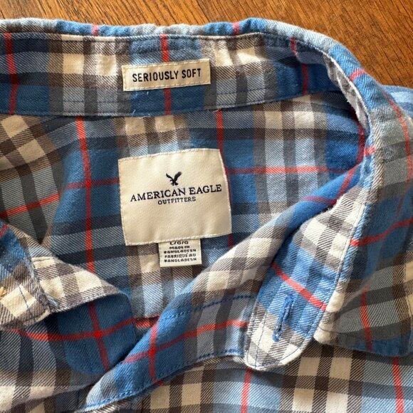 American Eagle Mens Shirt L Seriously Soft Blue Plaid Long Sleeve Button-Up - Picture 3 of 7